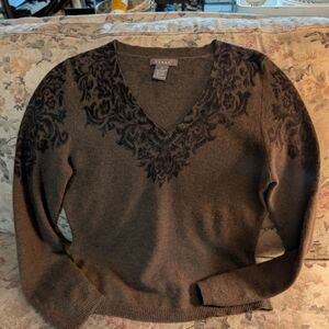 Kenar Brown V-Neck Sweater with Black Floral Burnout